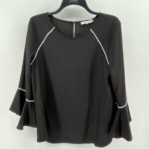 Calvin Klein Woman Black with White Trim Ruffle Wrist Blouse Size Medium
